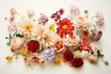 Flower background.A bouquet of various flowers, including orange, red, and yellow roses on white background.