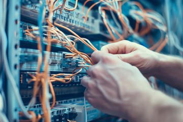 Close-Up of Technician's Hands Working with Network Wires and Servers in Data Center