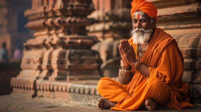 Man in Orange Turban Sitting on Ground - Powered by Adobe