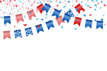 Feast flags with falling confetti for american independence day. Holiday decoration. Isolated vector design elements.
