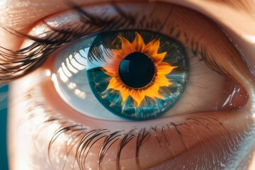 The eye is a close-up of an unusual drawing , the flame of the sun inside,