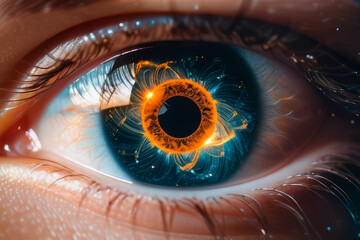 The eye is a close-up of an unusual drawing , a flame of fire inside,