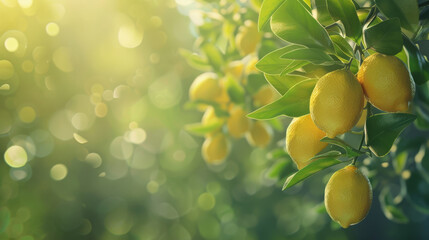 Sunlight filters through a lemon tree, highlighting the dew-kissed fruit and lush leaves.