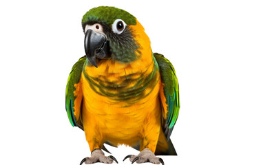 A green and yellow parrot perches gracefully on a white background