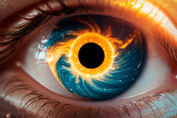 The eye is a close-up of an unusual drawing , the universe inside
