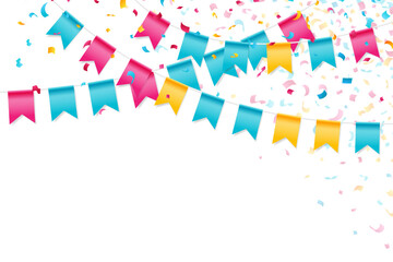 Feast flags with falling confetti. for birthday, carnival, anniversary, holiday and celebration party. Isolated vector design elements.