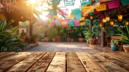 Empty wooden table top on mexican Cinco de Mayo festival background at sunset - obrazy, fototapety, plakaty