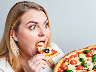 A fat girl eating pizza, the concept of unhealthy and uncontrolled eating