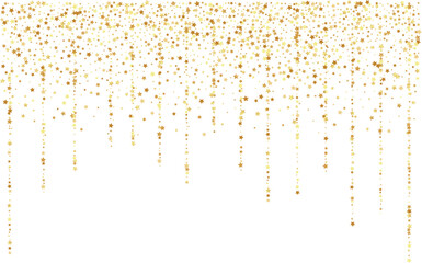 Golden stars confetti decoration.  Top border from garland and falling sparklers. Design element. Special effect on transparent background.