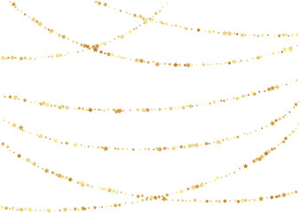 Golden stars confetti decoration.  Horizontal garland. Design element. Special effect on transparent background.