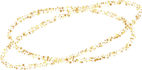 Golden stars confetti decoration. Flyinf rings. Design element. Special effect on transparent background.