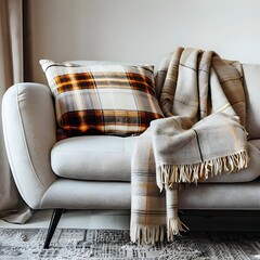 Close up of Sofa with plaid. Minimalist, hygge, boho home interior design of modern living room.