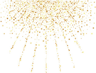 Golden stars confetti decoration. Rays from falling sparklers. Design element. Special effect on transparent background.