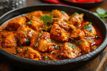 Sizzling plate of spicy Indian chicken curry photo