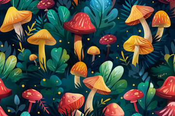 Forest glade seamless background pattern with colorful - obrazy, fototapety, plakaty