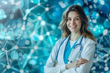 Smiling female medicine doctor, medical abstract background.