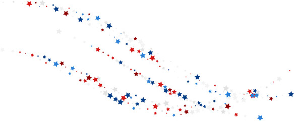 Blue and red stars confetti decoration. Horizontal flying path. Design element. Special effect on transparent background.