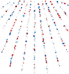 Blue and red stars confetti decoration. Rays from falling sparklers. Design element. Special effect on transparent background.