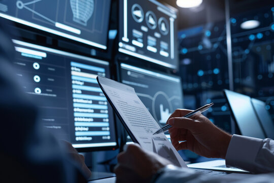 Tech Professional Analyzing Data on Multiple Computer Screens in Modern Office