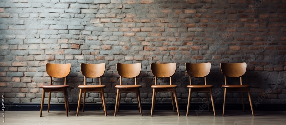Poster a row of wooden chairs are arranged neatly on the grass in front of a brick building. it looks like 