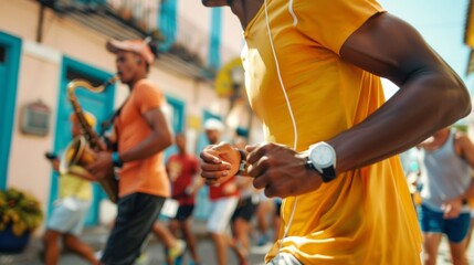 Close-up of a runner adjusting their earbuds as they run past a street musician
