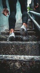 Close-up of a runners hands, tightly gripping a railing as they descend a steep urban staircase