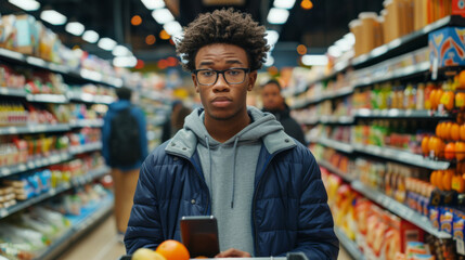 A man is using his smartphone in a supermarket aisle. - obrazy, fototapety, plakaty