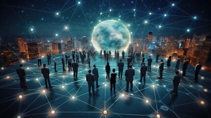 Obraz premium Global business structure of networking. Analysis and data exchange customer connection, HR recruitment and global outsourcing, Customer service, Teamwork, Strategy, Technology, and social network