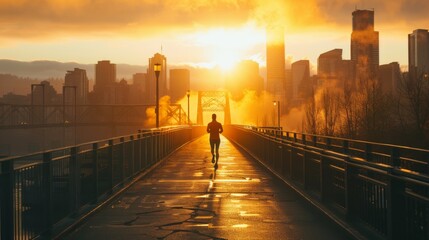 A lone runner crossing a grand bridge at sunrise, city skyline shrouded in morning mist