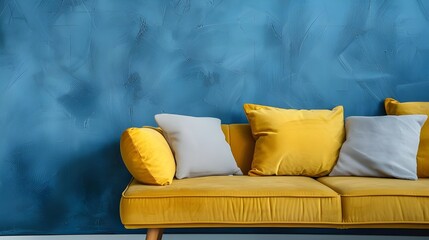 close up of Sofa with yellow pillows against blue stucco wall with copy space. Scandinavian home interior design of modern living room.