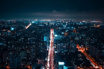 : A cityscape at night with contrast between bright lights and dark shadows