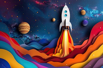 Space rocket launch and galaxy paper art style