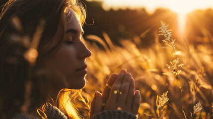 A woman is praying in a field of tall grass. The sun is shining brightly, casting a warm glow on the scene. The woman's peaceful expression and the serene setting create a sense of calm - obrazy, fototapety, plakaty