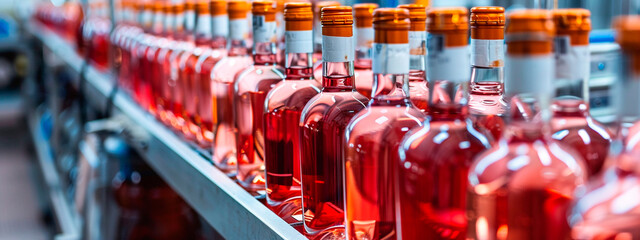 bottled wine in factory industry. selective focus. - obrazy, fototapety, plakaty