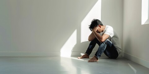 Man in fetal position on floor, overwhelmed by shadows and solitude