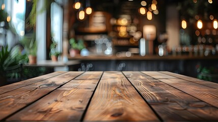 Empty wooden table top with lights bokeh on blur restaurant background ai generated  