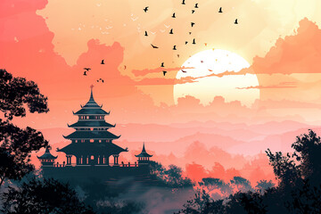 Fototapeta premium Illustration of a Buddhist temple against the backdrop 