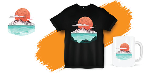 Mountain sunset Black t-shirt colorful design vector illustration line art