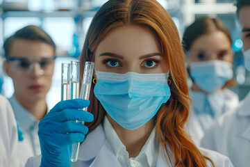 A beautiful medical girl in a mask in the laboratory holds beakers in her hand against the background of her fellow doctors.