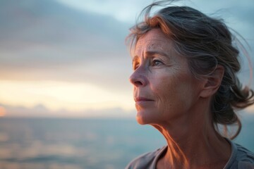 Pensive mature woman facing a window, reflecting on life's challenges
