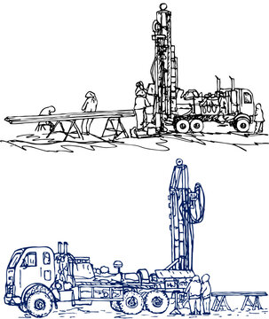 Self-propelled drilling rig for engineering surveys on a truck chassis, table with drill pipes. Two drawings of a geological exploration vehicle with maintenance workers from different angles