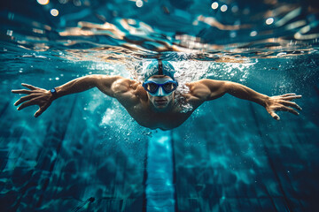 The look of a professional swimmer in goggles swimming underwater in a pool.