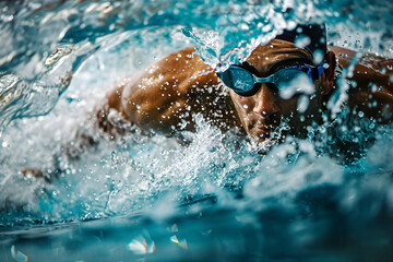 The look of a professional swimmer in a cap and goggles swimming underwater.