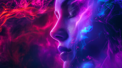 Vibrant Neon Profile of a Human Face. Artistic profile of a person's face illuminated with dynamic neon lights, symbolizing creativity, digital art, and modern beauty.