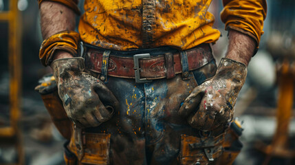 Close-up view of a worker's dirty hands and worn tool belt, signifying hard manual labor. - obrazy, fototapety, plakaty