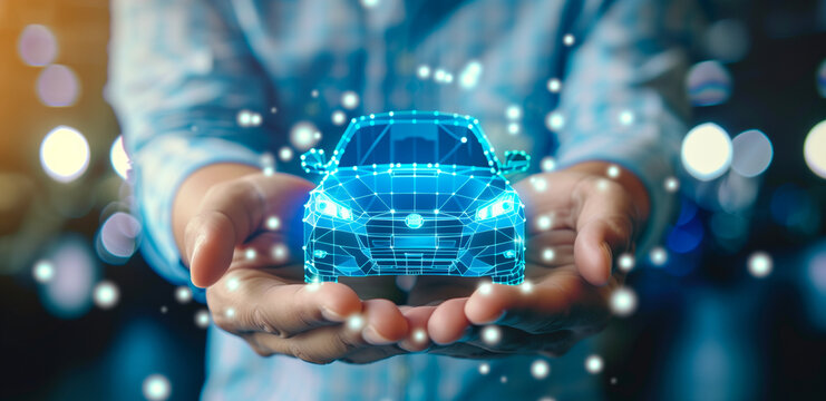 Holographic Car Model Held in Hands. A holographic projection of a car model being cradled in human hands, signifying innovative automotive technology and futuristic design.