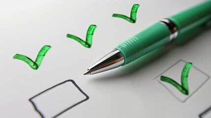 Green pen checking off items on a white checklist. Close-up shot with a focus on decision making - obrazy, fototapety, plakaty