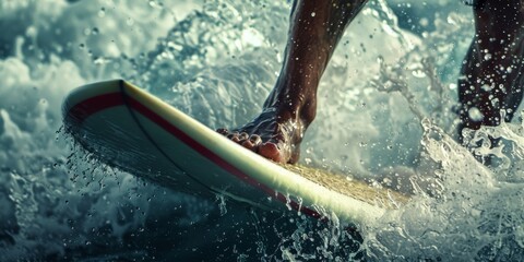 Close-up of a surfer's feet maneuvering a surfboard on a dynamic wave. Skillful surfing capture. - obrazy, fototapety, plakaty