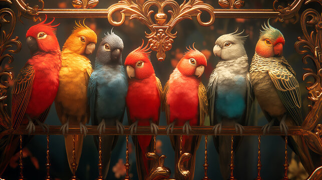 Illustration, parrots in frame