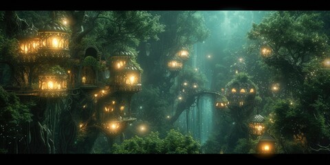 A fantasy scene of a hidden elven city in an ancient forest, with magical treehouses and glowing lights. Resplendent. - obrazy, fototapety, plakaty